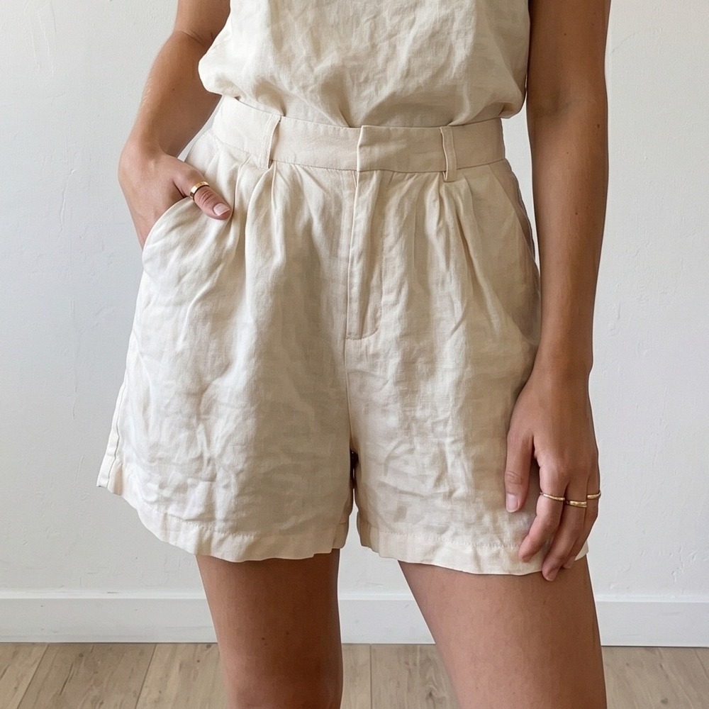 DISSH Womens‎ Shorts 6  US 2 Cream Linen Pleated High Waist Coastal Minimalist